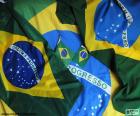 Флаг Бразилии формируется зеленый прямоугольник, желтый ромб, круг синий с полосой белого цвета с девизом «ORDEM E PROGRESSO» и 27 звезд белого цвета